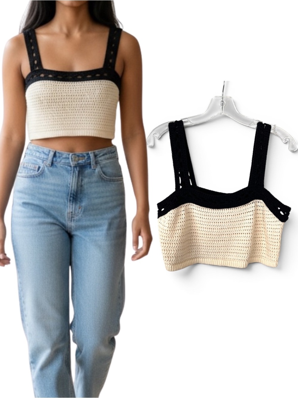 House of Harlow 1960 Crochet Crop Top Cotton Boho Festival Cream Black L NWT